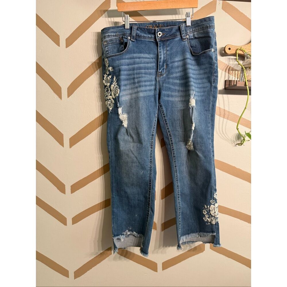Grace In LA Blue Distressed Floral Embroidered Raw Hem Easy Fit‎ Jeans Size 32